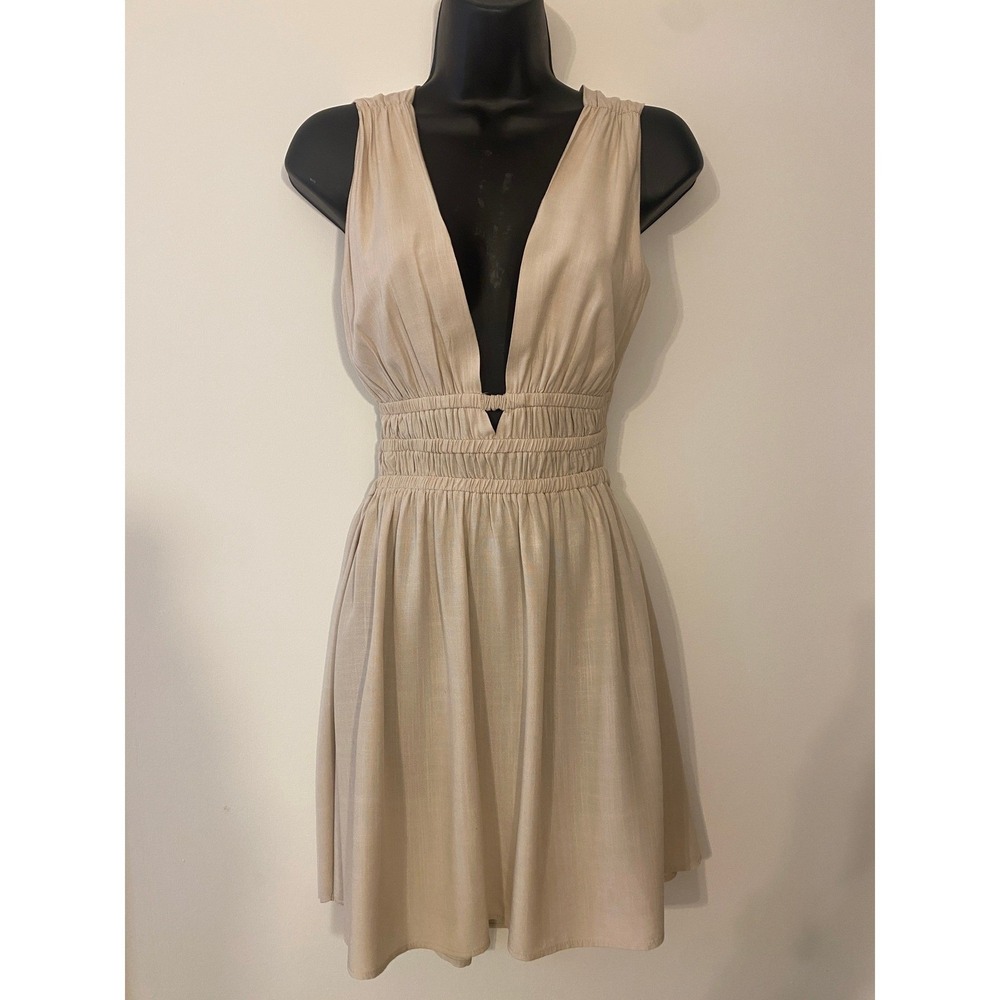 Forever 21‎ Beige Cream Deep V-Neck Open Back Smocked Mini Dress Small Goddess